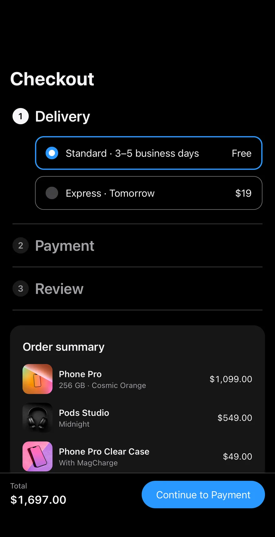 Bag Checkout on iOS in dark mode