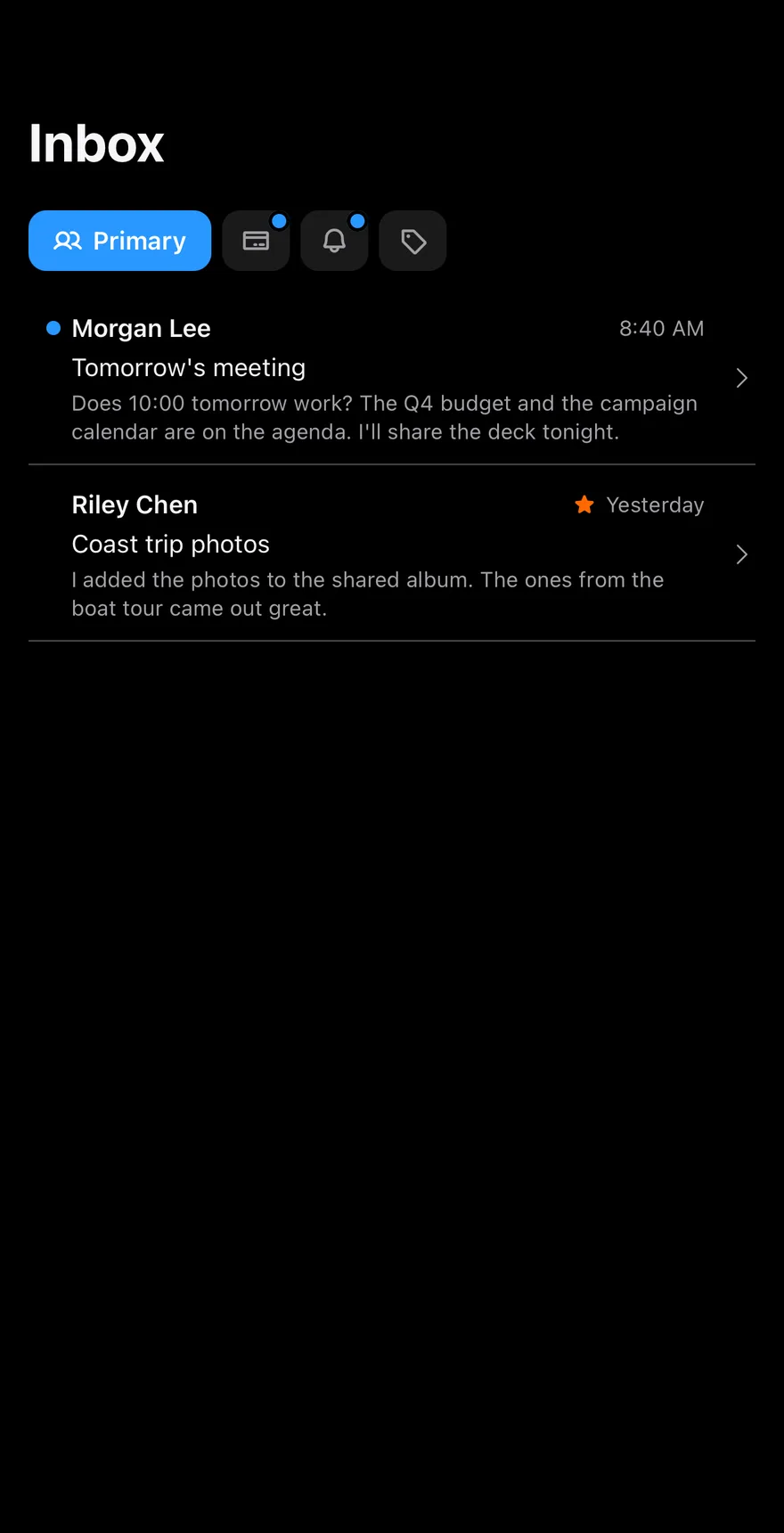 Inbox Categories on iOS in dark mode
