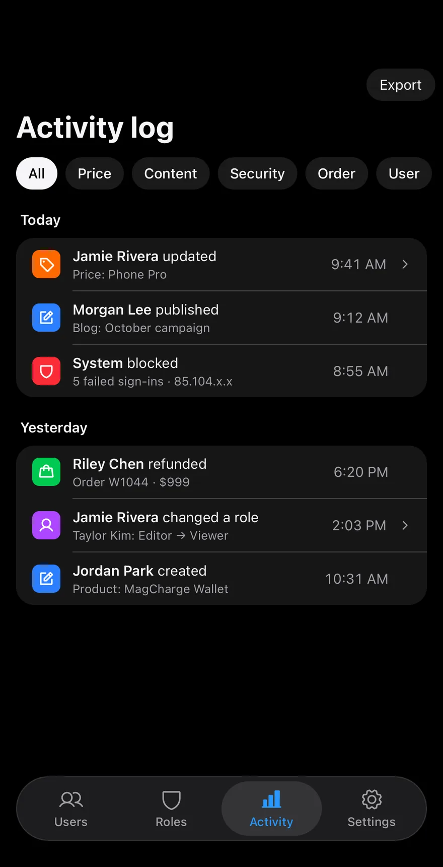 Log Activity on iOS in dark mode