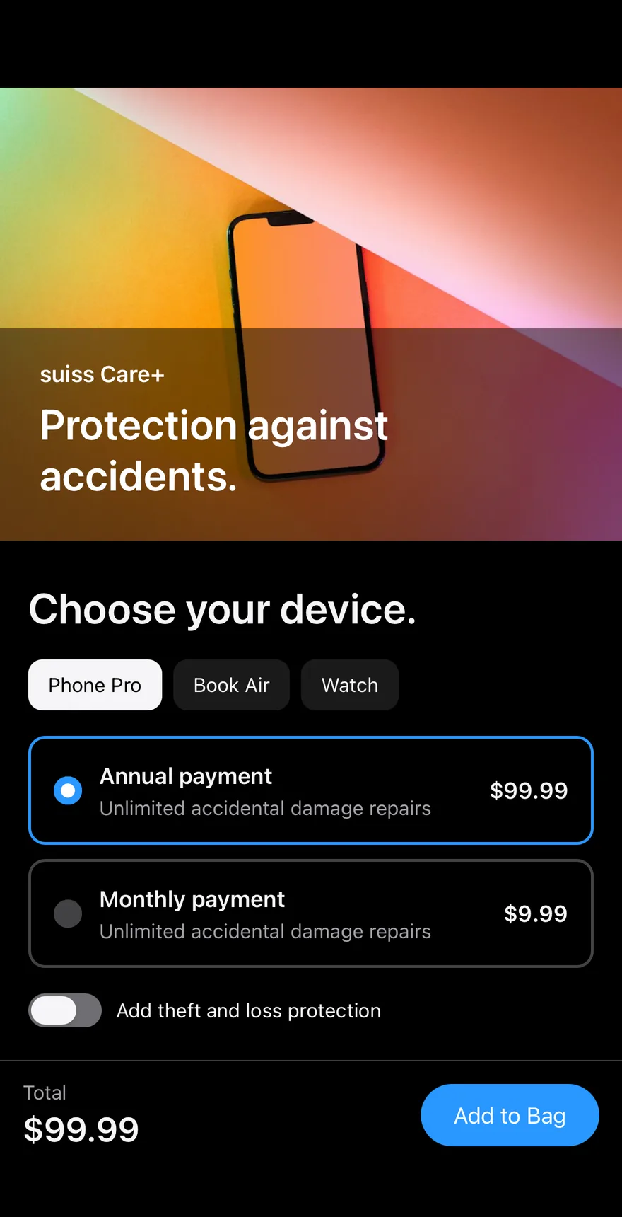Price Care on iOS in dark mode