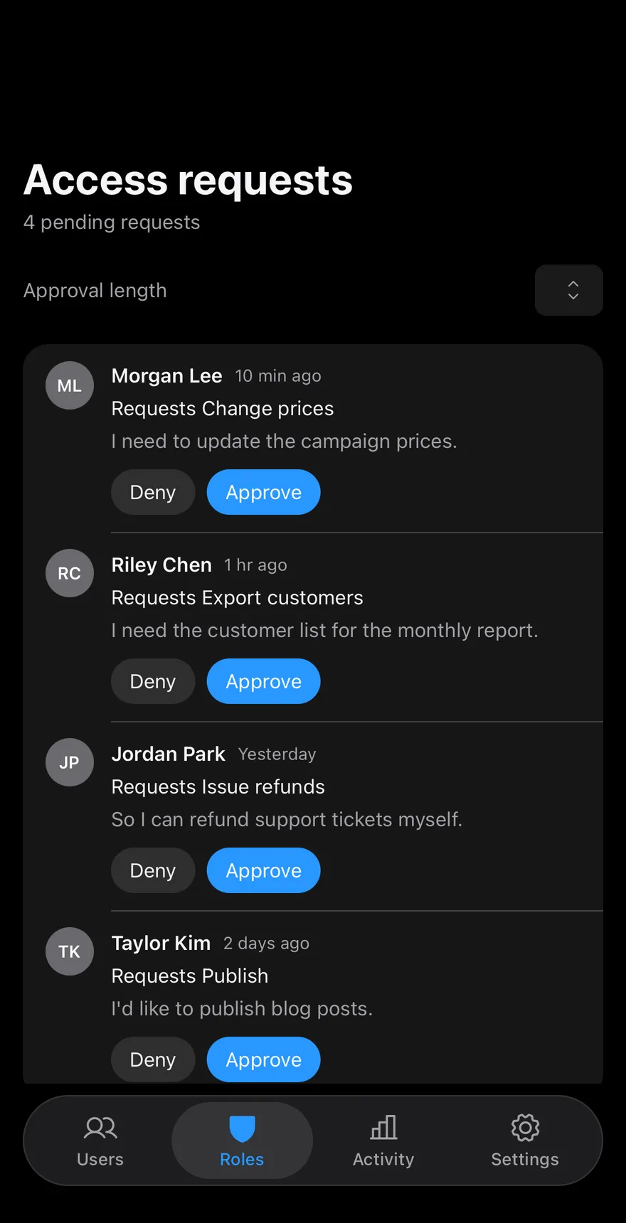 Roles Requests on iOS in dark mode