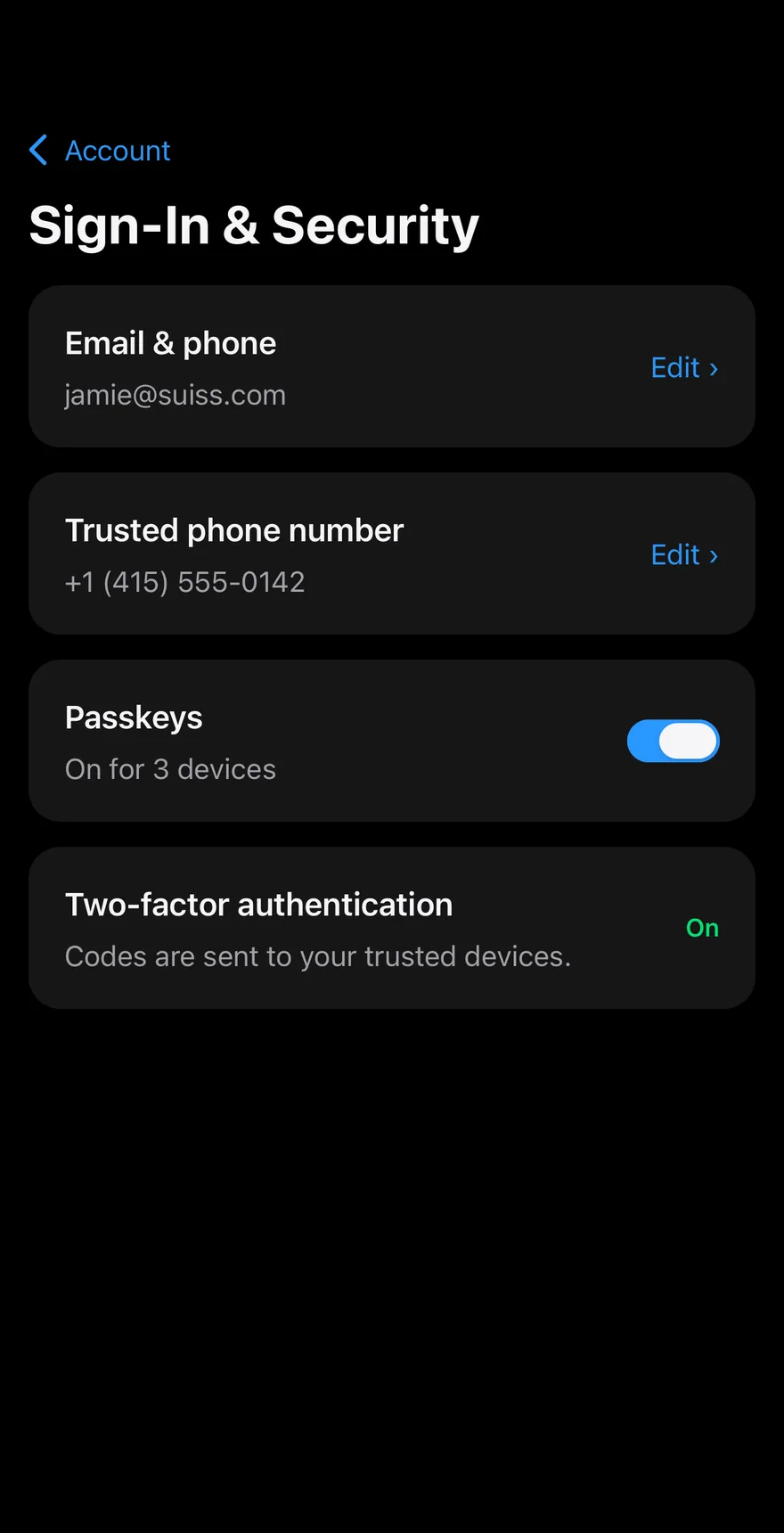 Settings Account on iOS in dark mode