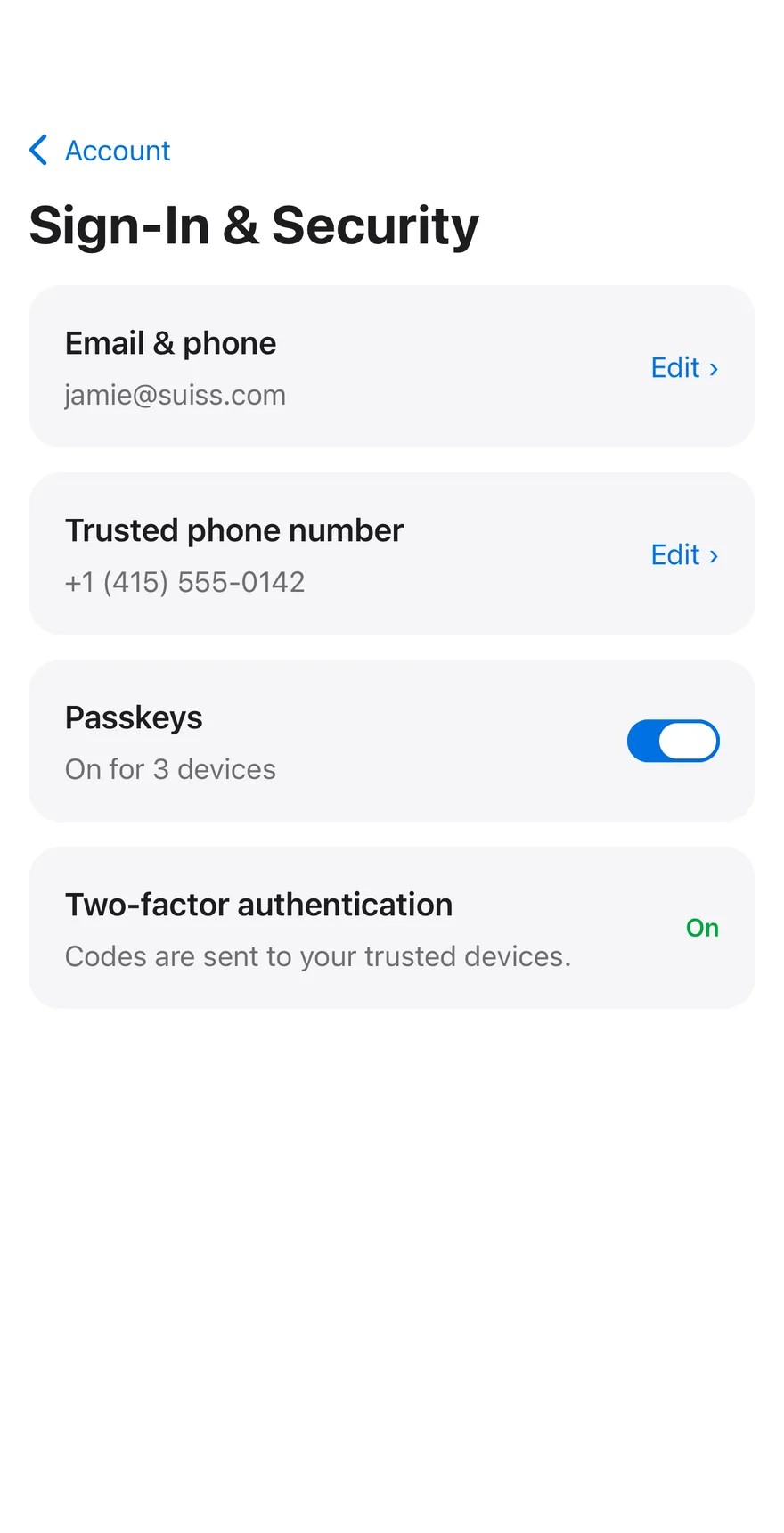 Settings Account on iOS in light mode