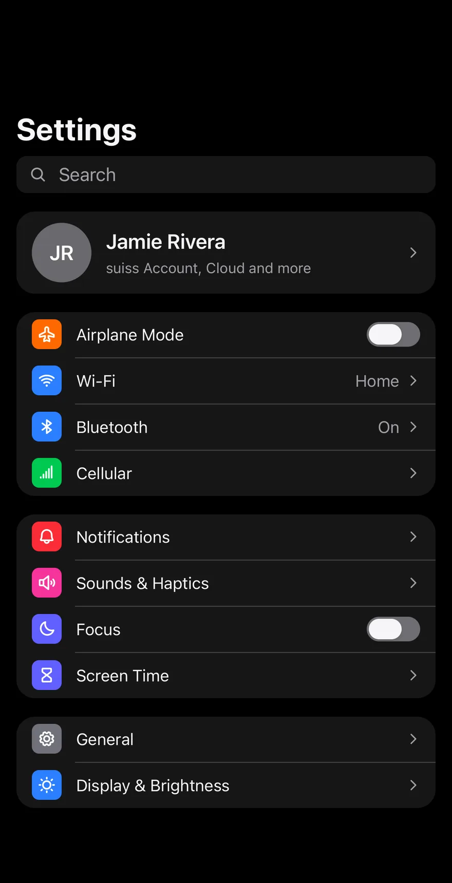 Settings Device on iOS in dark mode