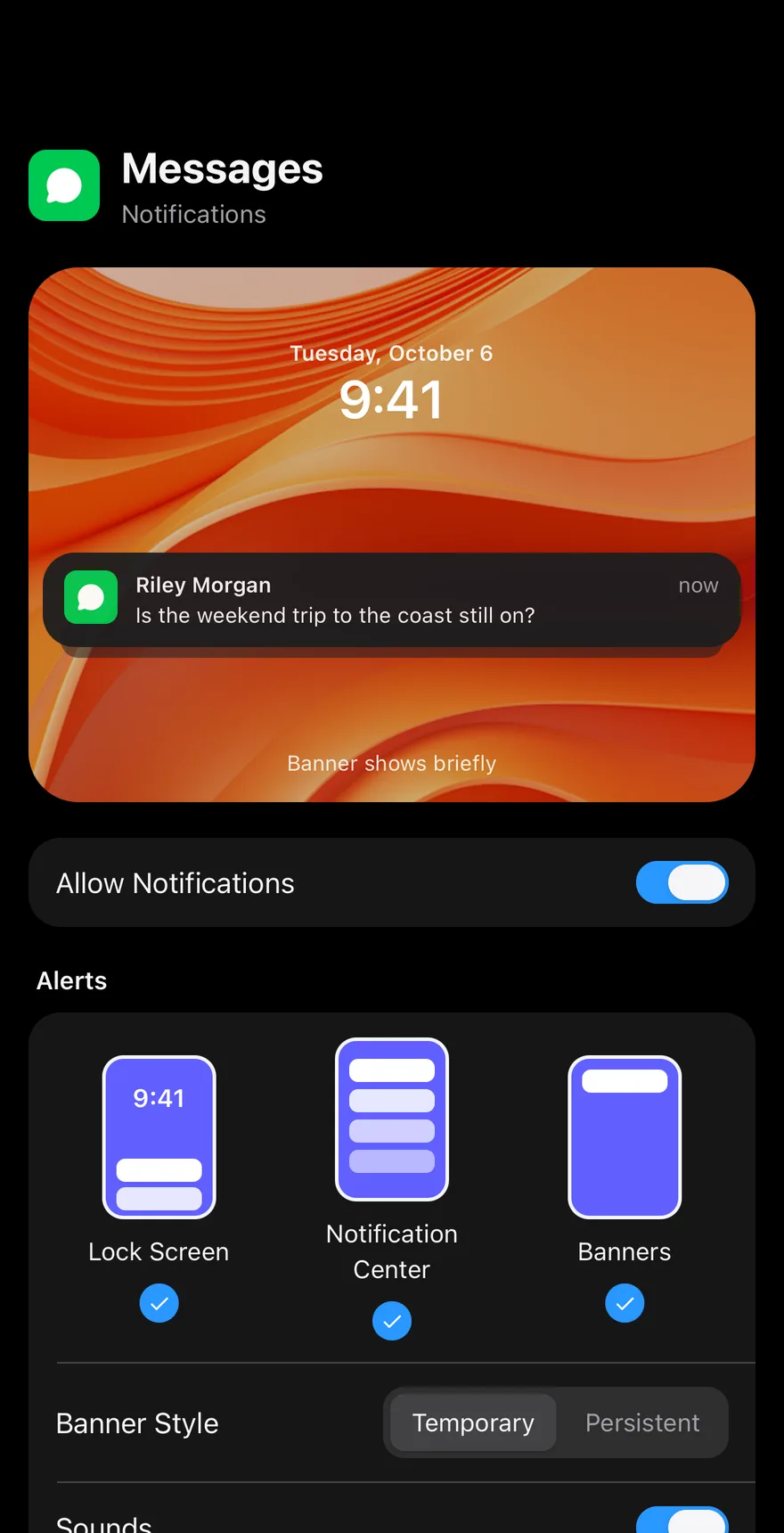 Settings Notifications on iOS in dark mode
