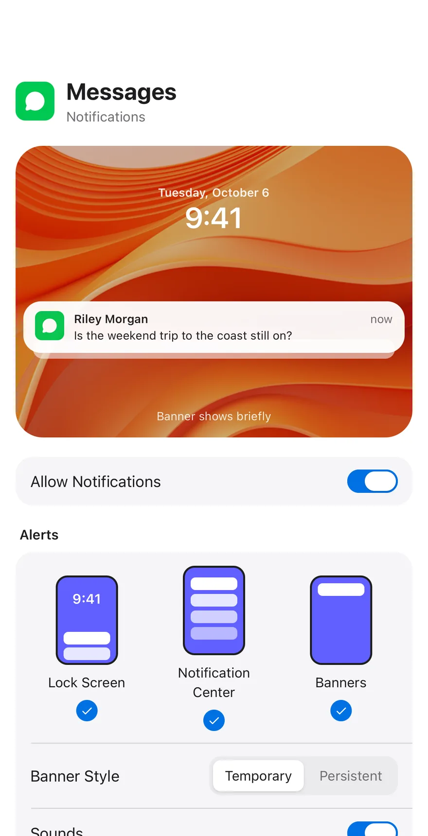 Settings Notifications on iOS in light mode