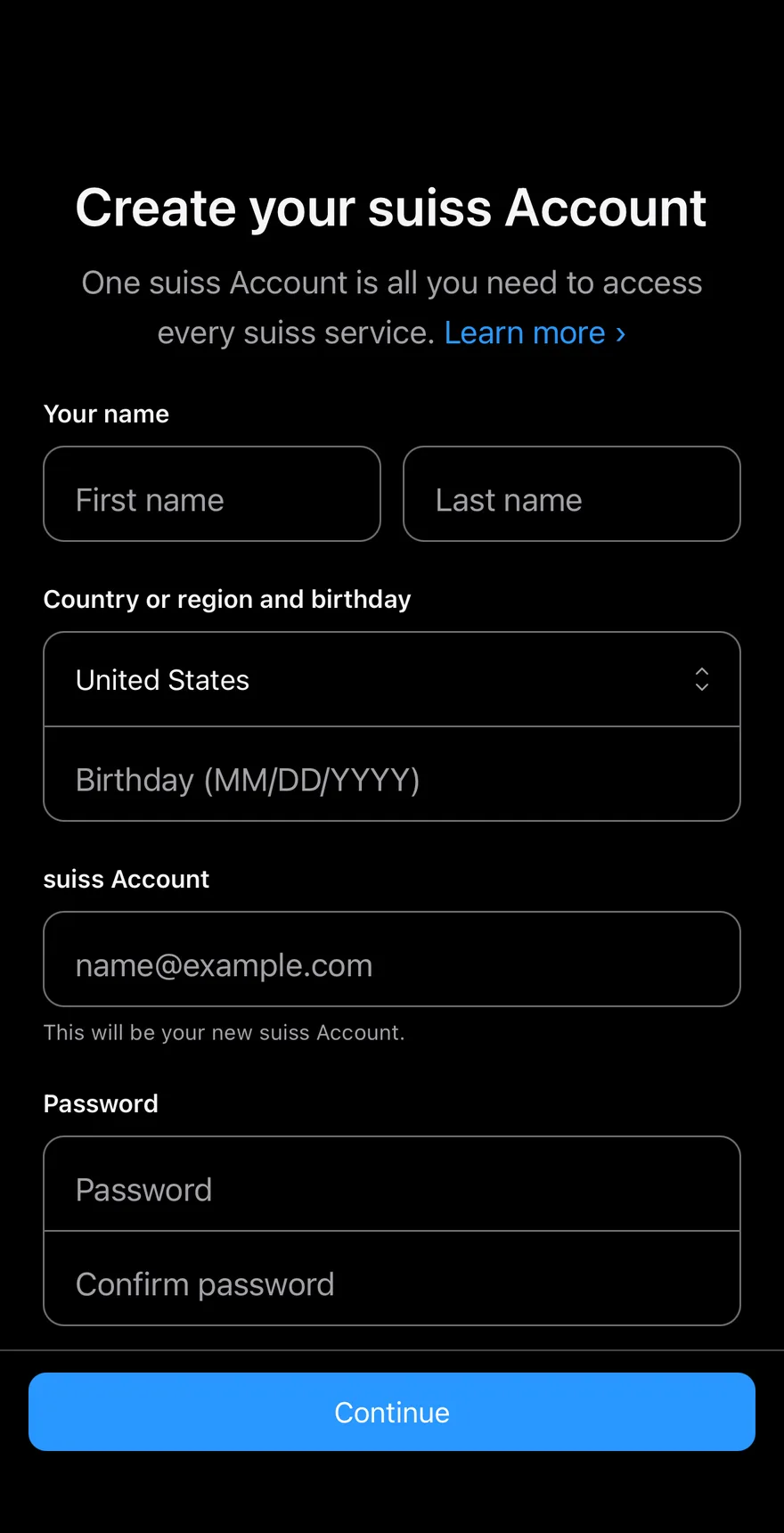 Signup Form on iOS in dark mode