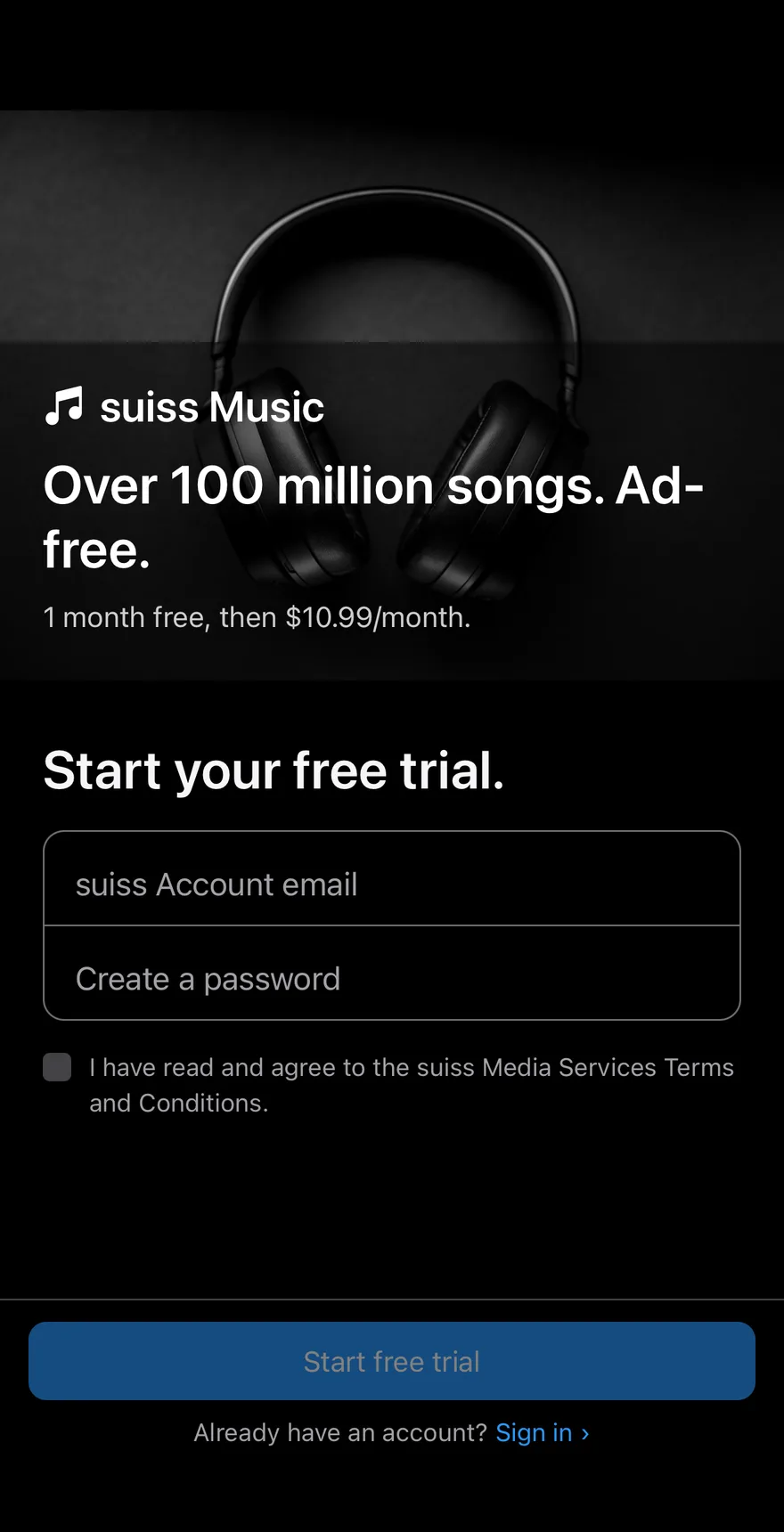 Signup Trial on iOS in dark mode