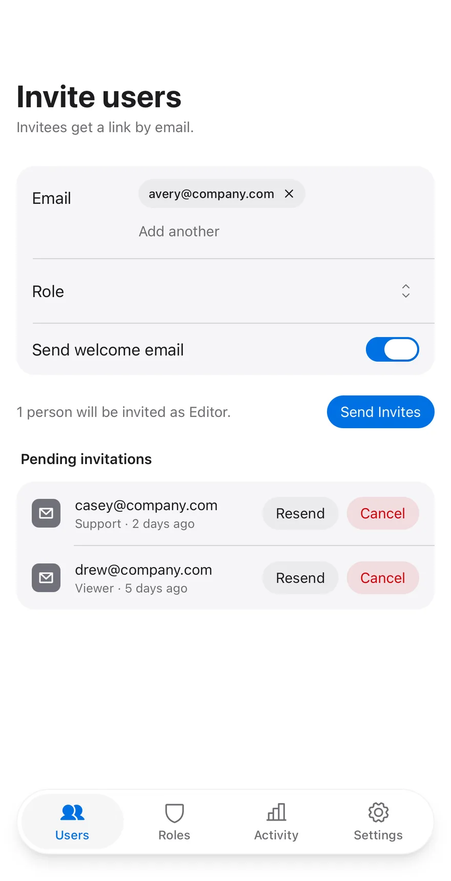 Users Invite on iOS in light mode