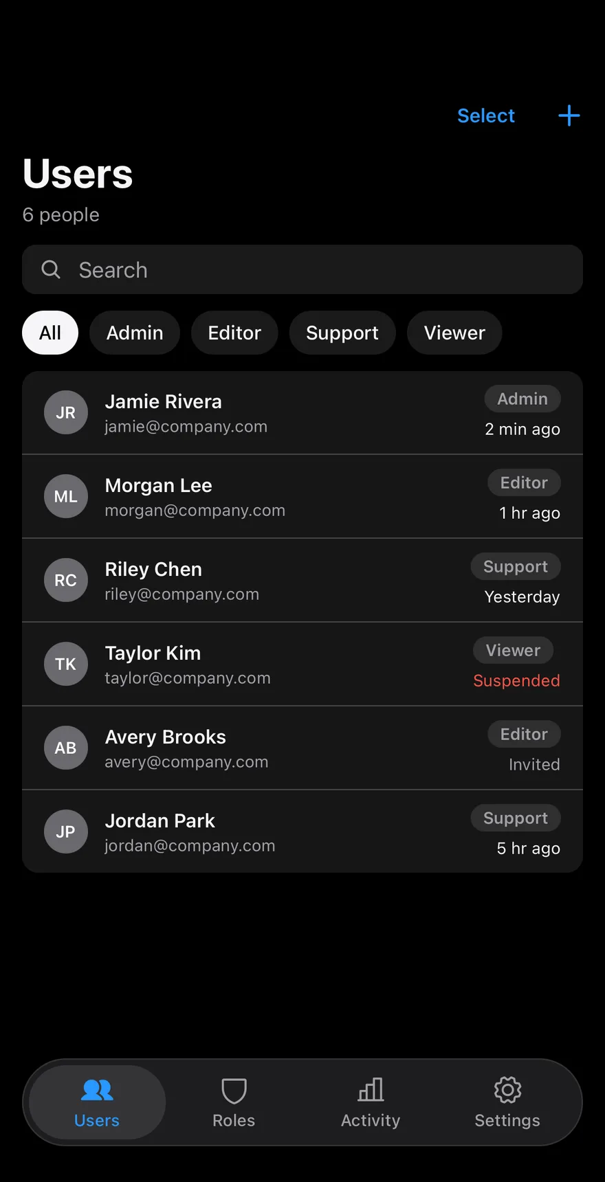 Users Table on iOS in dark mode