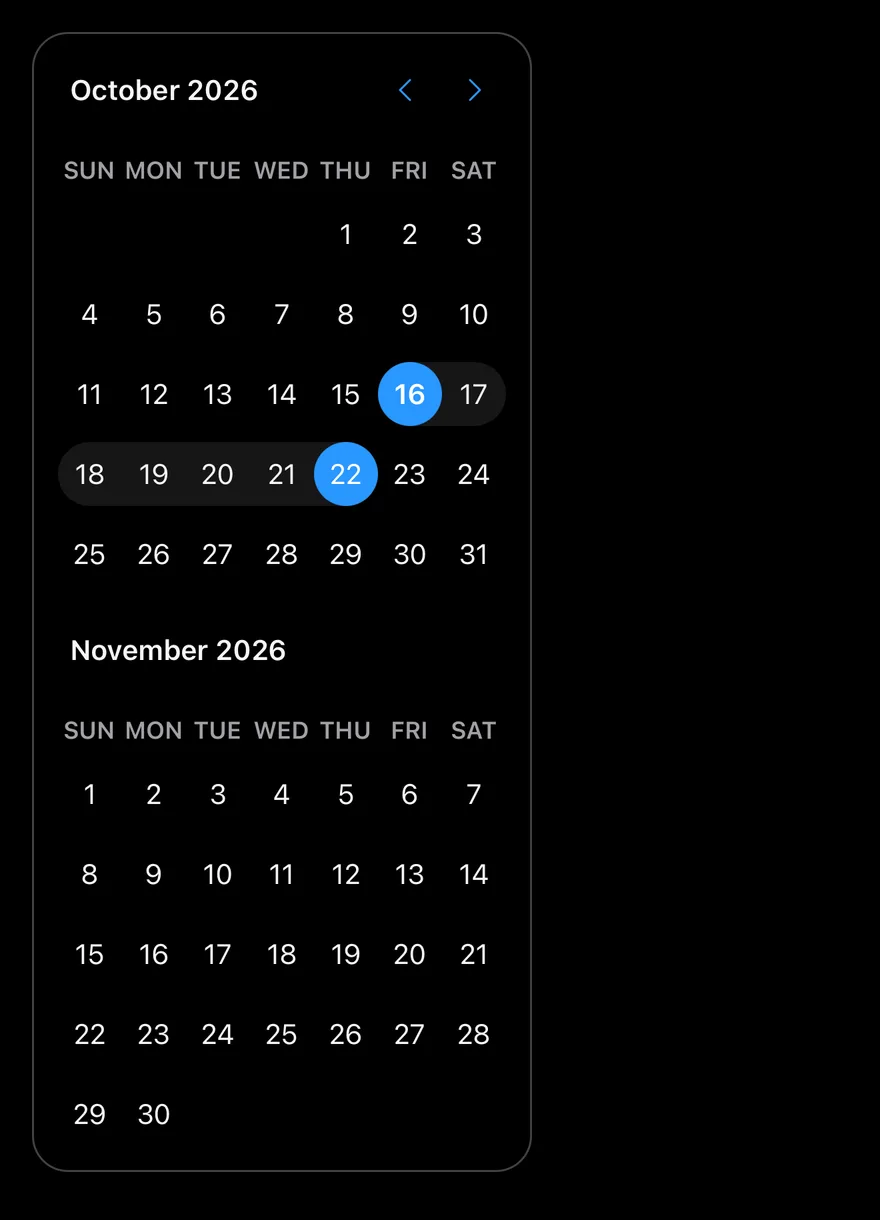 Calendar (range) on iOS in dark mode