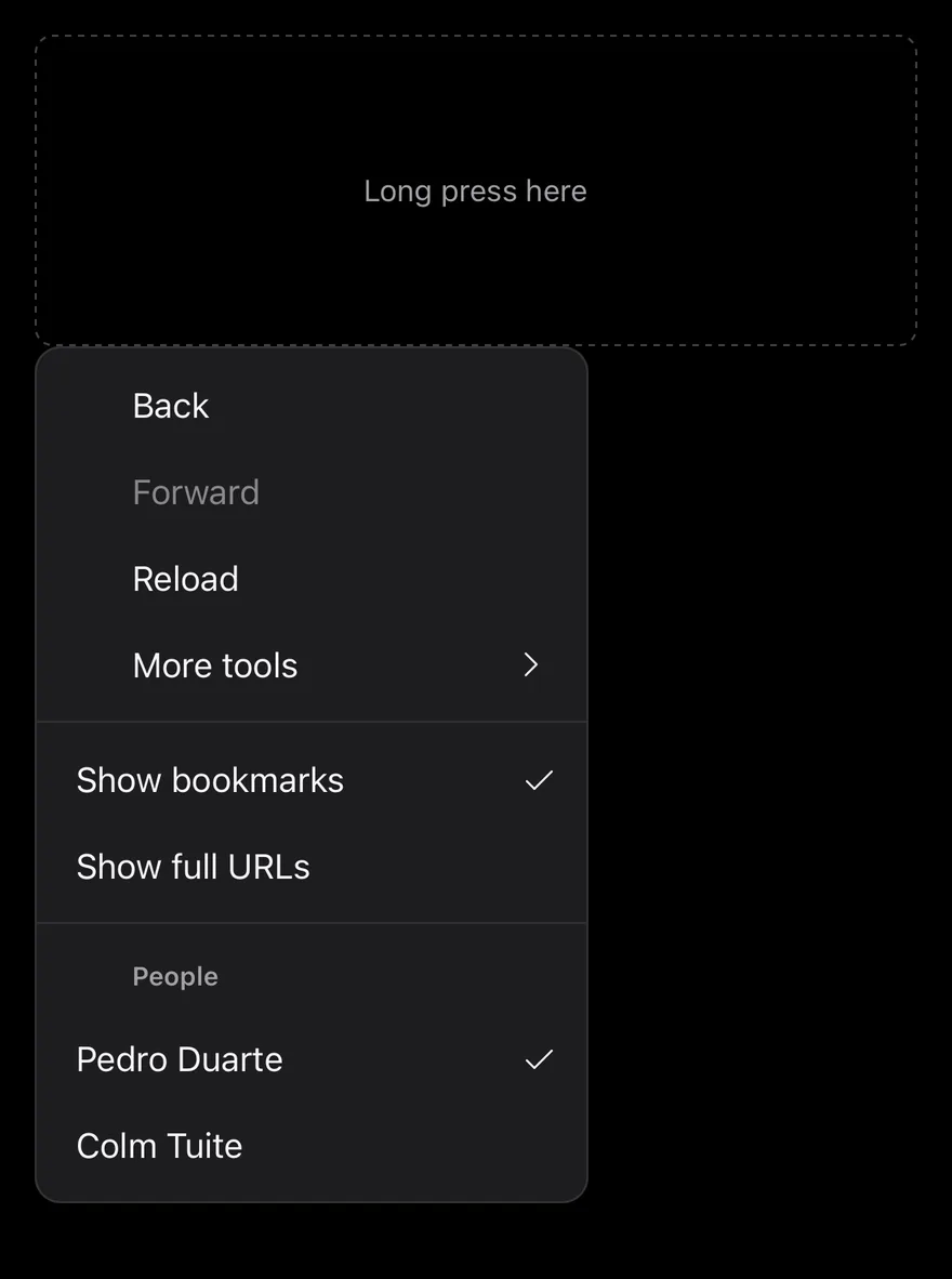 Context Menu (open by default) on iOS in dark mode