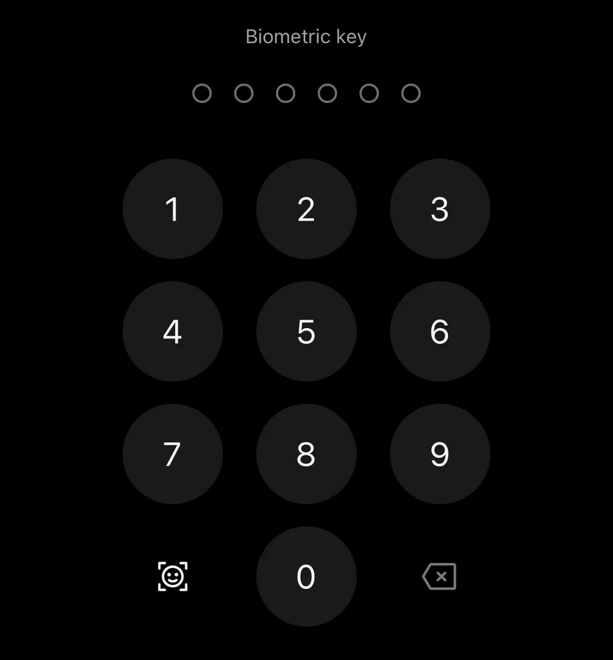 Pin Pad (face biometric) on iOS in dark mode