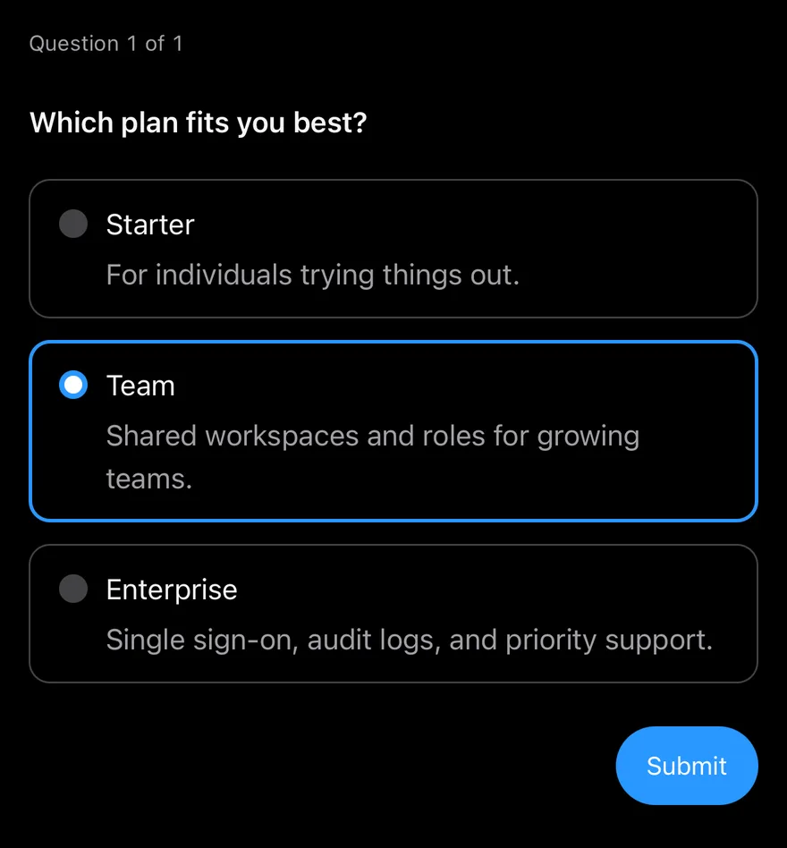 Questionnaire (with choice descriptions) on iOS in dark mode