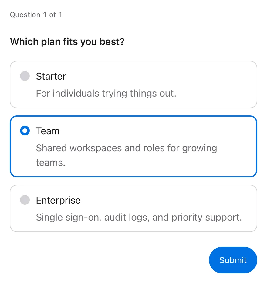 Questionnaire (with choice descriptions) on iOS in light mode