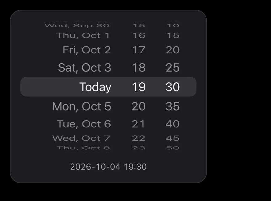 Wheel Picker (date time) on iOS in dark mode