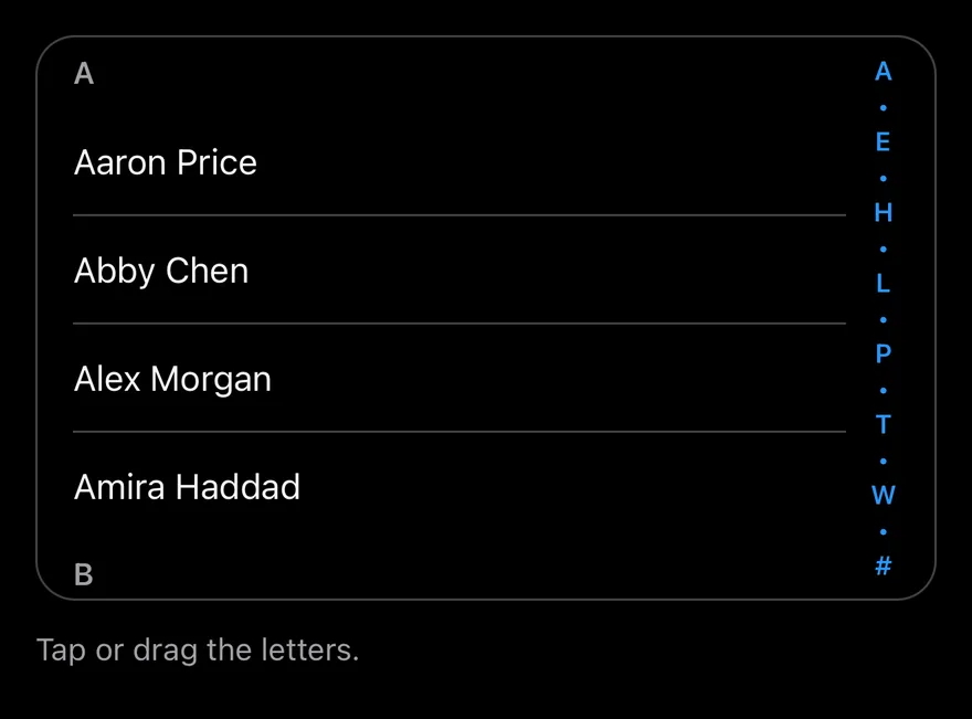 Section Index (compact) on iOS in dark mode