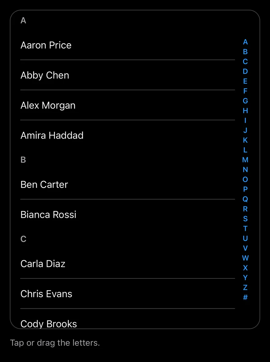 Section Index on iOS in dark mode