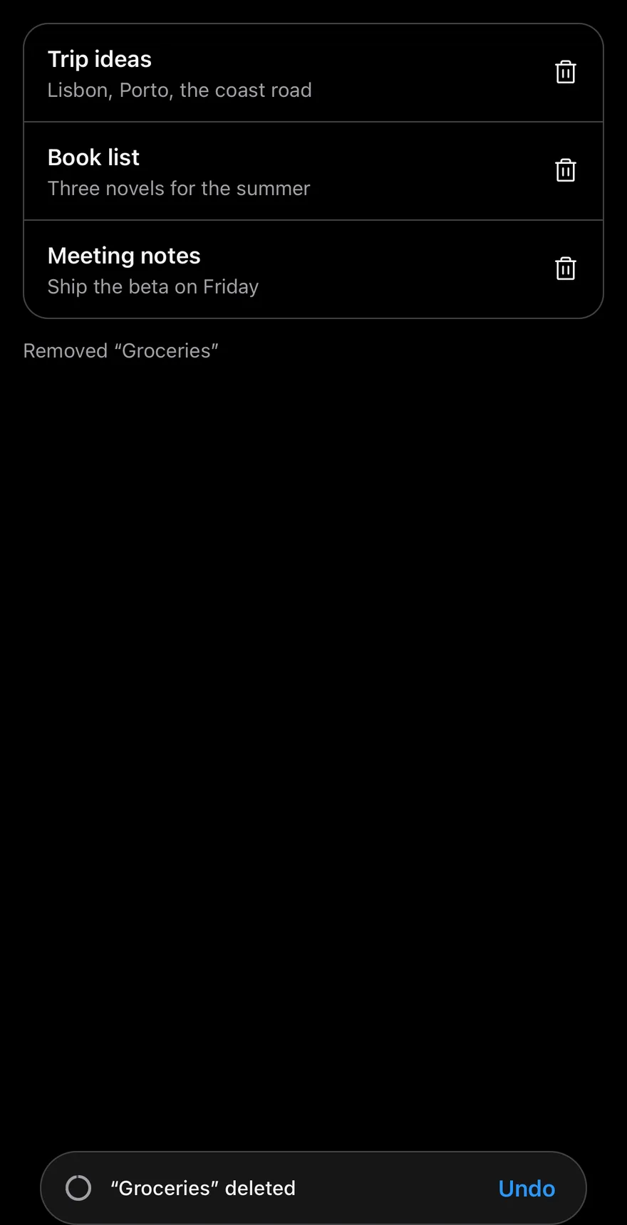 Undo Bar (showing) on iOS in dark mode