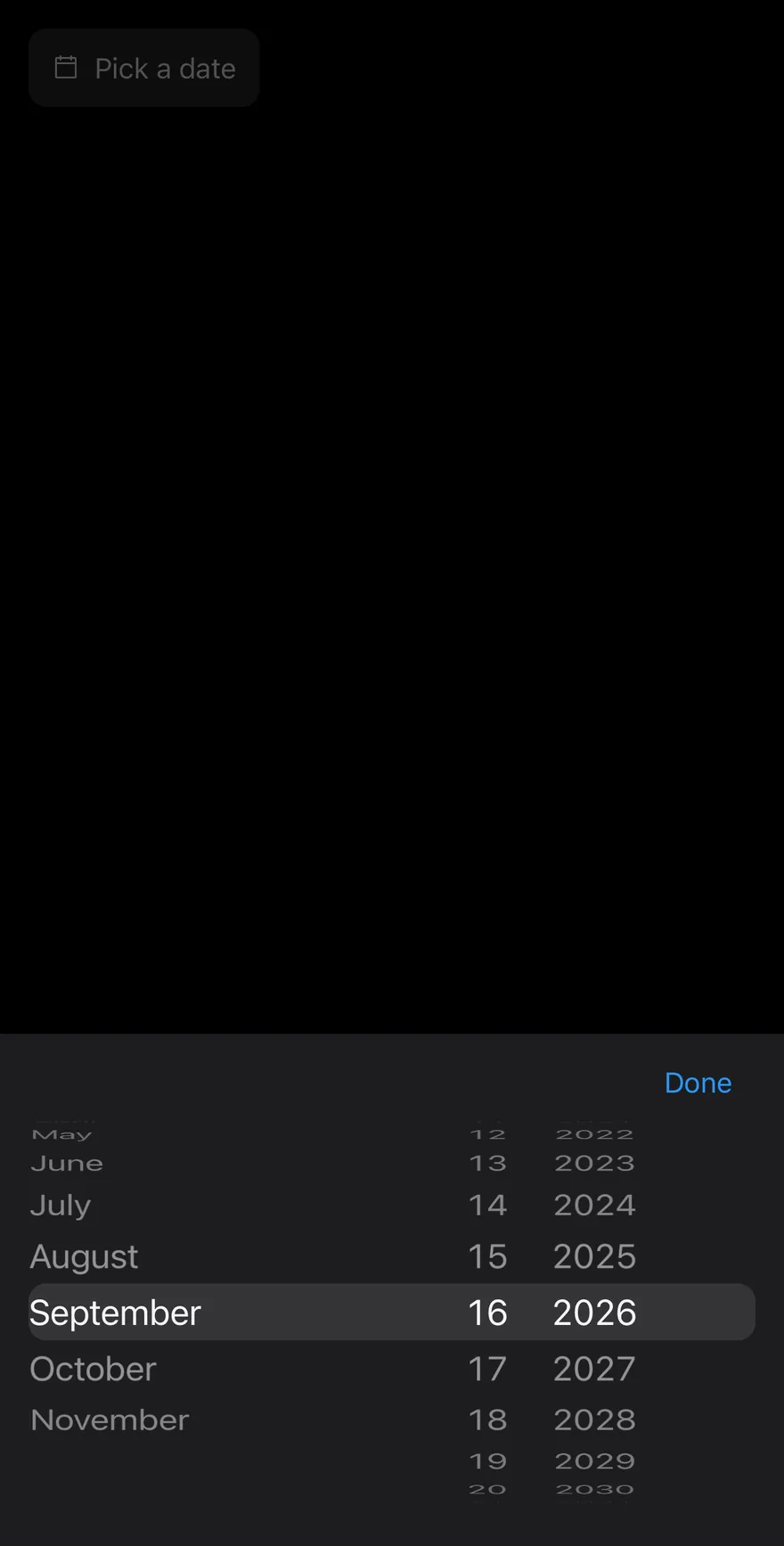 Date Picker (with close label) on iOS in dark mode